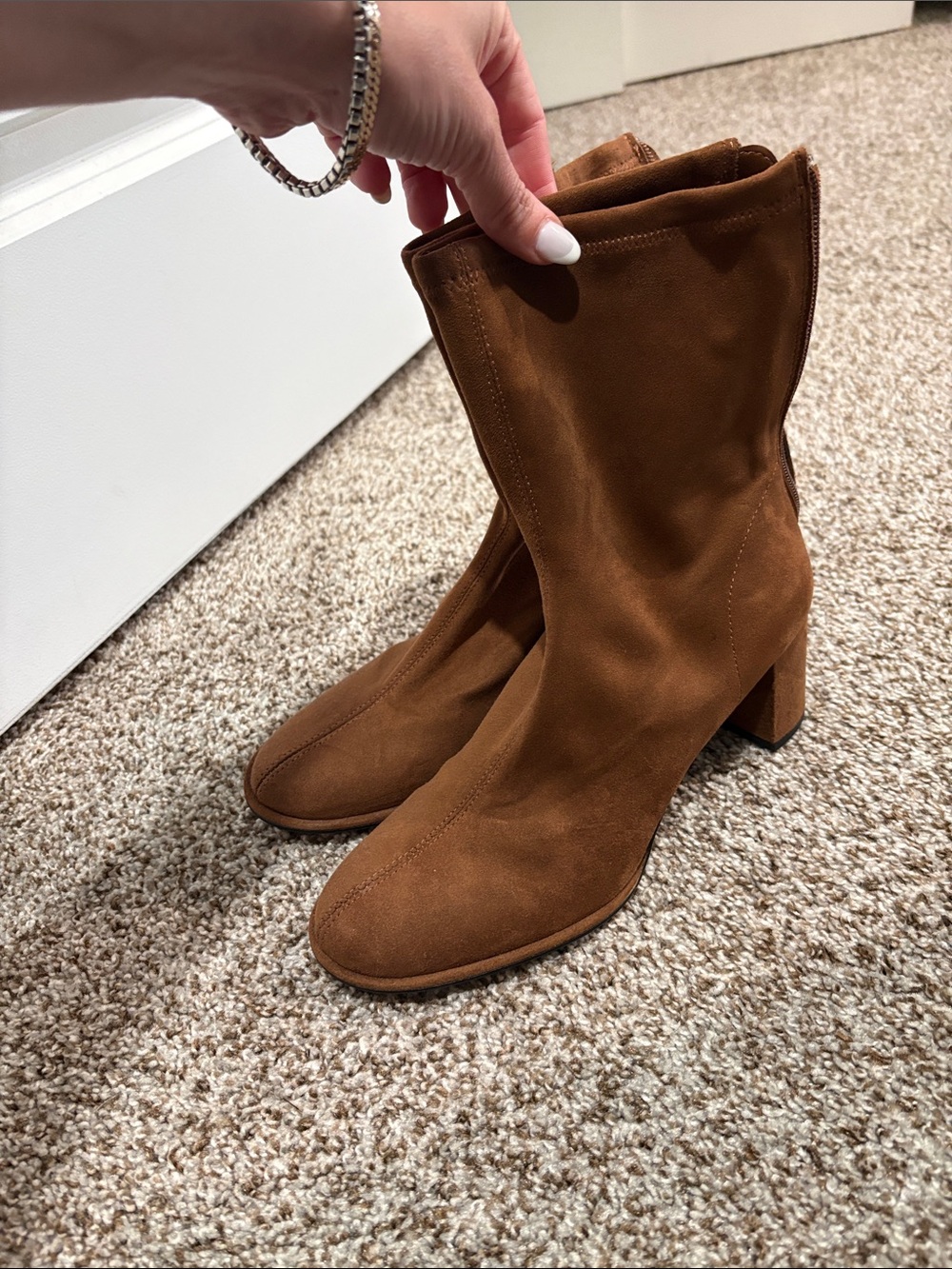 H&M Chestnut Suede Mid-Calf Block Heel Boots